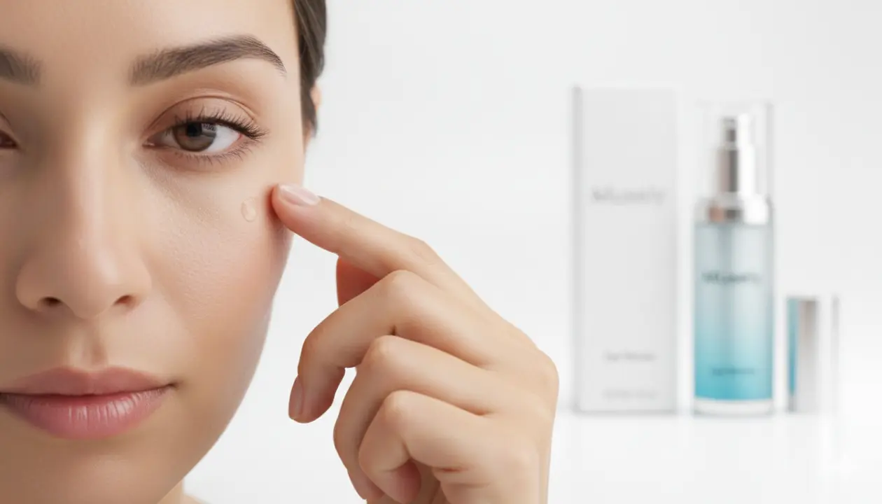 Applying Musely Eye Serum under eyes with ring finger