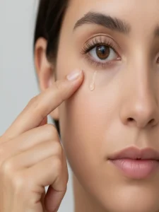Applying it under eyes using ring finger
