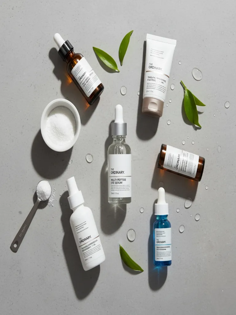 Flat lay of Eye Serum with The Ordinary skincare products