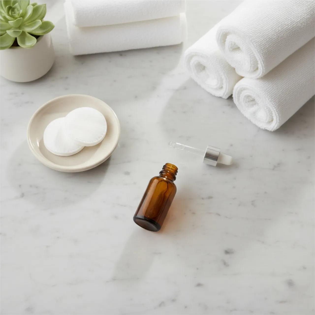 Flat lay of eye serum bottle on bathroom counter