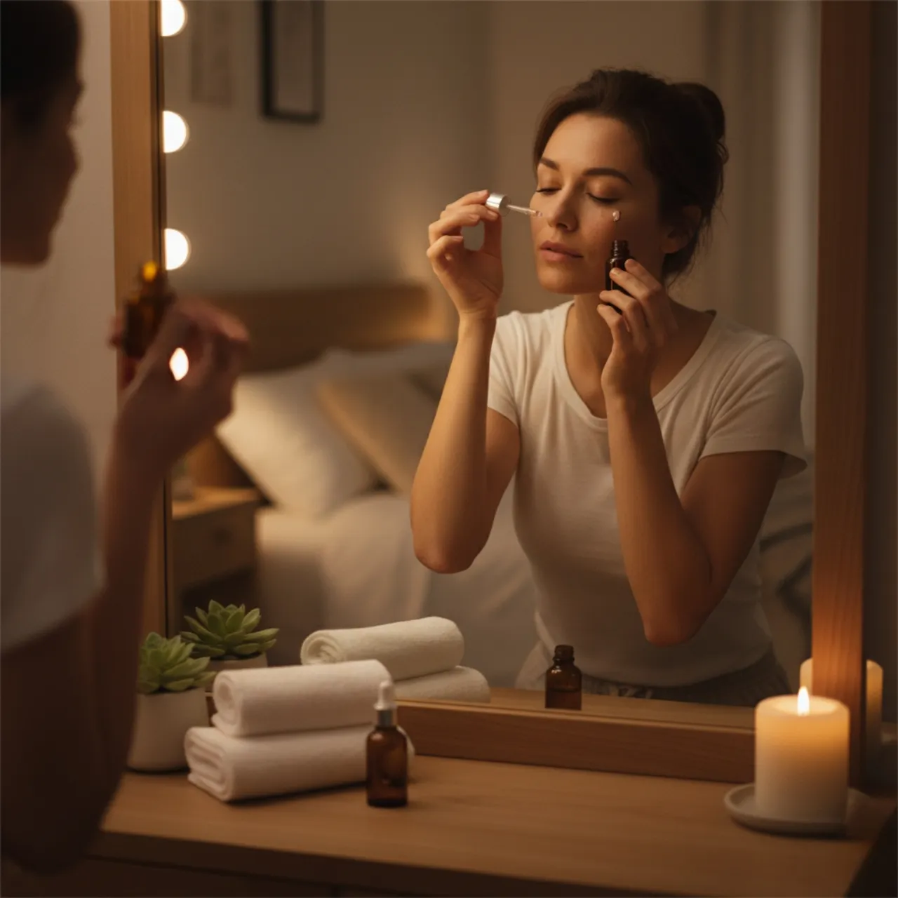 Person applying eye serum as part of nighttime skincare routine